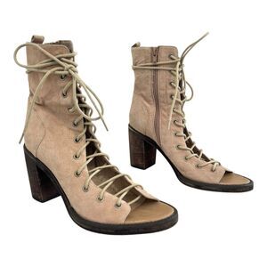 Free People Corset Lace Up Heeled Sandals Boots Size 8 Beige Suede Peep Toe